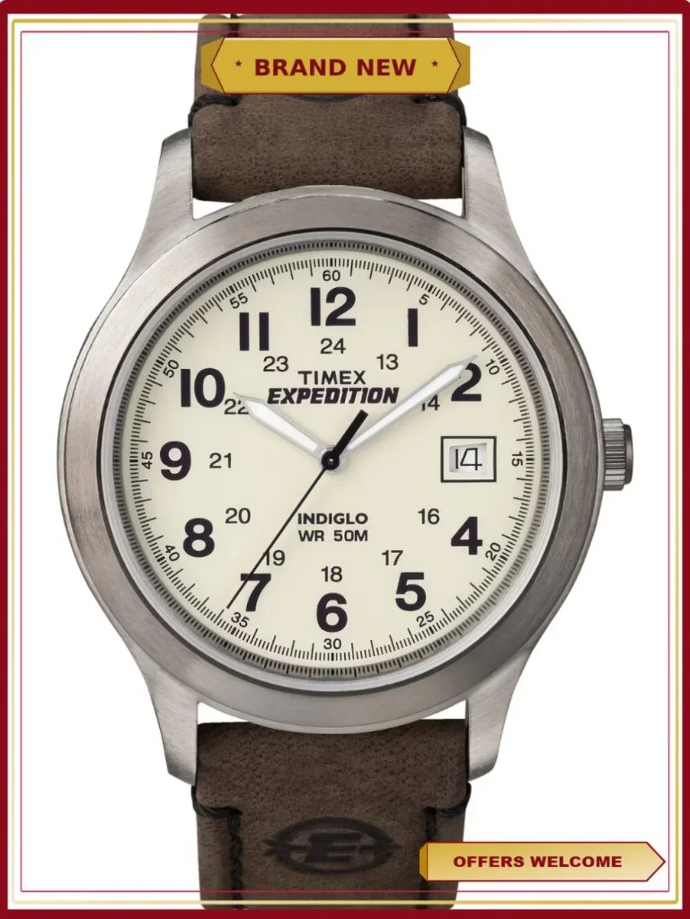 Mens Expedition Field Watch with Genuine Brown Leather Strap, Easy-to-Read Dial
